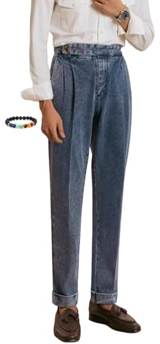 Pantalones Gurkha para hombre, estilo casual, cintura alta, rectos, de espiga, estilo vintage italiano, sin cinturón, pantalones de traje, azul, 30W