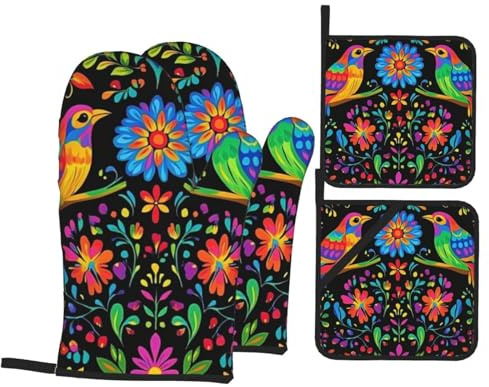 4 Pcs Mexican Flower Oven Mitts and Potholders,Kitchen Oven Glove with Pot Holders,Non-Slip Gloves High Heat Resistant 500 Degree for BBQ, Grill, Baking, Cooking, Oven, Microwave