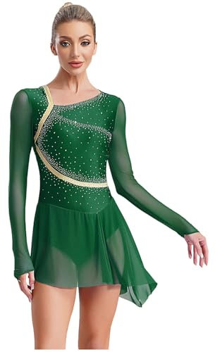 inlzdz Damen Langarm Tanzkleid Kurz Balelttkleid Eiskunstlauf Kleider Trikotanzug mit Strass Glitzern Elegant Bühne Wettbewerbe Tanz Outfit Grün XXL