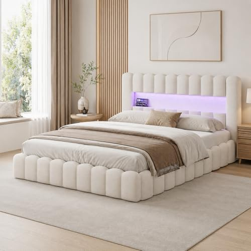 DAHUEN Polsterbett Bubble Bett 140x200, Doppelbett mit LED und USB Ladefunktion Kopfteil, Boxspringbett mit hydraulisches Bettkasten,Stauraumbett mit Lattenrost aus Holz, Leinen (Weiß, 140X200cm)