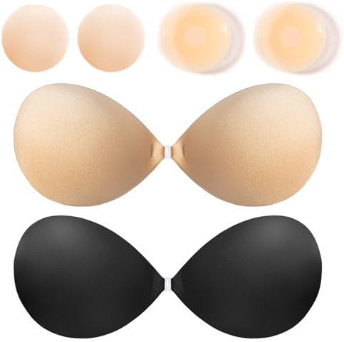 Sticky Bra Push Up - Silicone Invisible Stick on Bras, Adhesive Bra Push Up Reusable Backless Strapless Bras for Women Party Wedding Dress (UK, Cup & Band, A, Beige)