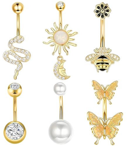Juego de 6 piercings para el ombligo, con mariposa, serpiente y abeja, piercing para el ombligo, color dorado, para ocasiones especiales y para hombre y mujer