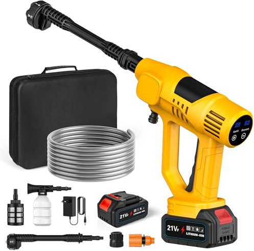 Hidrolimpiadora Bateria, 65 Bar Hidrolimpiadora Portátil con 1 x 3.0Ah Batería, Boquilla 6 en 1, 10 Niveles de Presión, Manguera 5M, Pantalla Táctil LCD, Pistola de Agua a Presión para Coche y Jardín