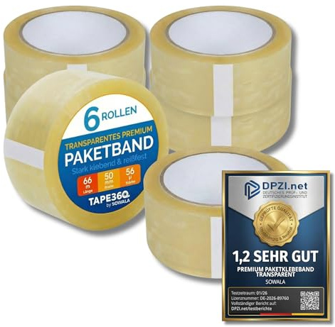 sowala Premium Paketband transparent 50mm x 66m extra stark - 6 Rollen