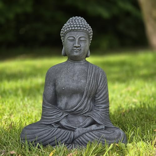 FABRIQ Meditierender Buddha 30 cm – Graphit– Handbemalt – Steinguss– Wetterfest – Zen Deko