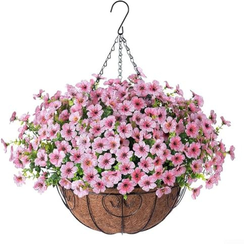 Besshepplo Künstliche violette Blumen Hängekorb Kunstpflanzen Korb rund hängender Blumentopf mit künstlichen Veilchen für Garten Terrasse (G)