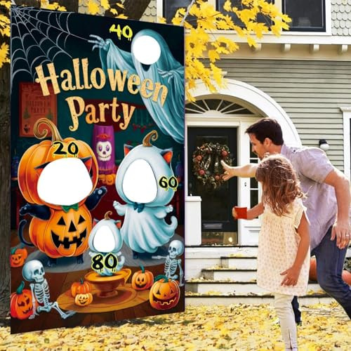 Halloween Sitzsack Wurfspiel Spiele, Kürbis Wurfspiele Hängendes Banner mit 3 Bohnensäcken für Halloween Thema Party Zubehör Dekorationen Outdoor Karneval Cornhole
