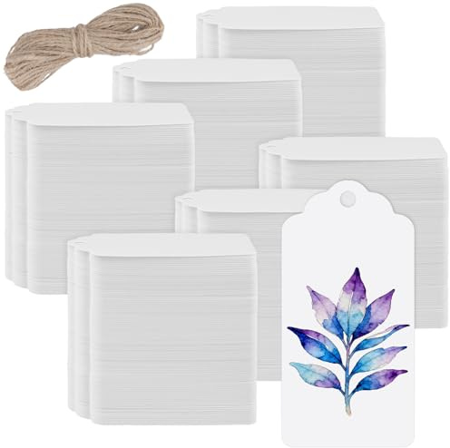 FAAING 600 Stück Kraftpapier Geschenkanhänger zum Beschriften Weiß, 9 x 4,5 cm Geschenkanhänger mit 60m Juteschnur, Kraftpapier Anhänger Mini für Weihnachten, Hochzeit, Geburtstag, Basteln