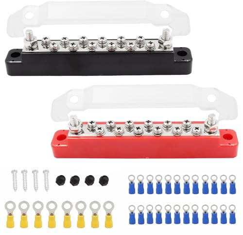 150A 12V Bus Bar, Common Busbar Power Terminal Blocks with 2 x 1/4 (M6) Studs 12 x (M4) Terminal Screws, Studs Power Distribution Terminal Block 48V DC Car Boat Marine Solar System Black Red