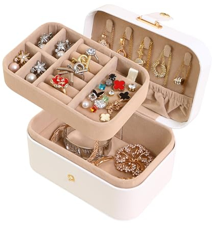 Jewellery Box, 2-Layer Travel Jewellery Organiser, PU Leather Portable Jewellery Case for Earrings Rings Necklaces Watches Bracelets, Gift for Girls Women Mothers Birthday Valentines Day, White