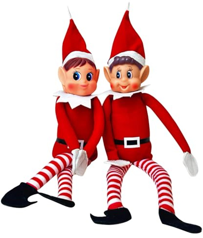 EDLMKM Set of 2 Naughty Little Xmas Elves, Boy & Girl Elf Figures, Charming Red Long Leg Soft Body Boy Girl Elf with Hat, Santa's Little Helper Inspired