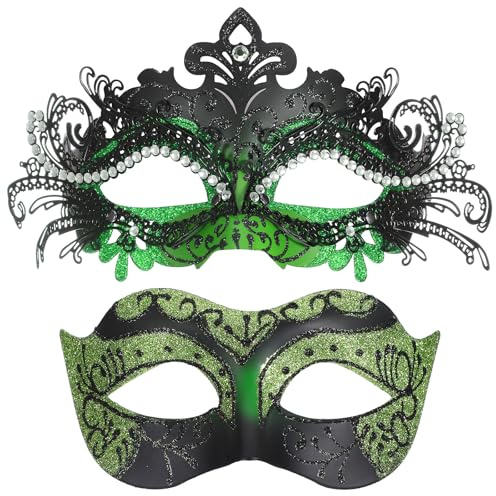 2 Stück Halloween Venezianische Maske Paar Maskerade Mask, Maskerade Masken für Paare, Kostüm Masken, Augenmaske Sexy Paamasken für Damen Herren Ball, Karneval Halloween Cosplay(Schwarz & Grün)