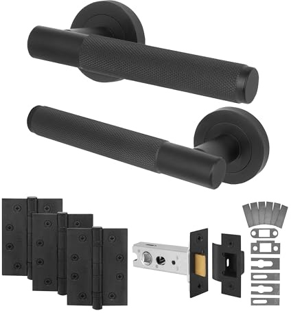 EAI Matt Black Door Handles Fire Rated with Latch, 1 Pack - Varri | Complete Fire Rated Latch Kit: 1 Pair of Door Handles, 76mm Latch, 102mm Hinges, Intumescents, Fixings Included