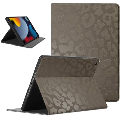 Coalbooliy Hülle für iPad 9./8./7. Generation, Aesthetic Leo Leopard Motiv Design Ultra Dünn Leicht SchutzHülle Cover mit Standfunktion TPU Rücken Slim PU Leder Smart Folio Tablet Case, Khaki