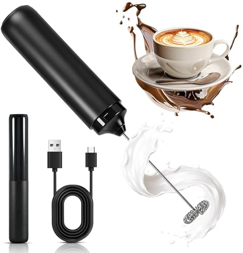 Espumador de leche de mano con batidor de acero inoxidable, espumador de leche recargable, portátil, espumador de café de mano para lattes, capuchinos, matcha, chocolate caliente, batidos (carga USB)