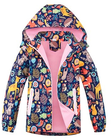 NATUST Girls Fleece Lined Raincoat Waterproof Jackets with Removable Hood Kids Active Jacket Animal Print 5-6 Years