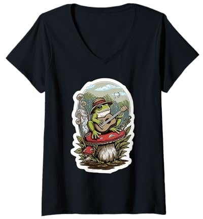 Mujer Camiseta de Rana caprichosa - Arte de Hongos Fairycore Forest Mushroom Art Camiseta Cuello V