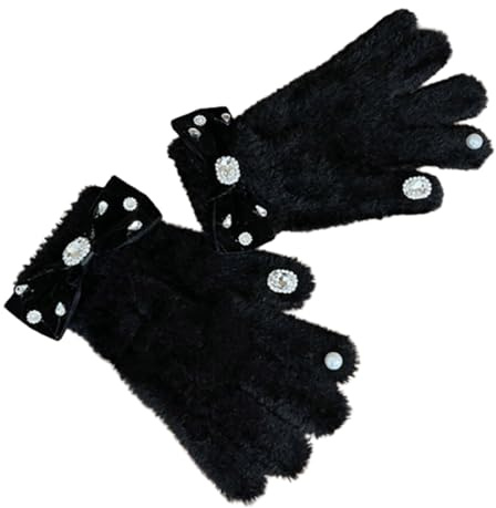 Decoración con Diamantes De Imitación Y Lazo Guantes Punto Manoplas con Dedos Completos Invierno Espesar Guantes Cálidos Navidad En Y Negro para Niñas Manoplas Mujeres para Parejas