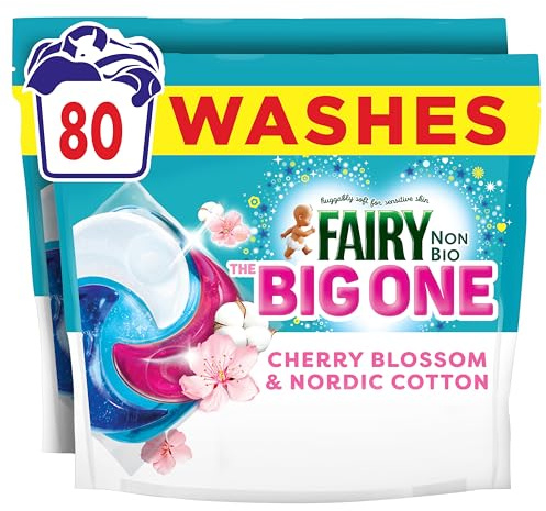 Fairy Non Bio The Big One Washing Liquid Pods, Cherry Blossom & Nordic Cotton, 2 x 40 Washes, 2X Stain Removal, Voted No1 for Sensitive Skin