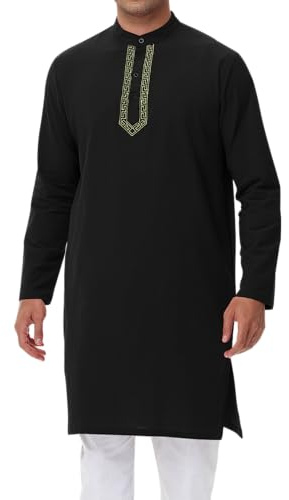 NANAMEEI Kurta da Uomo in Cotone e Lino con Collo Alto a Maniche Lunghe con Bottoni Kaftan, Nero , XL