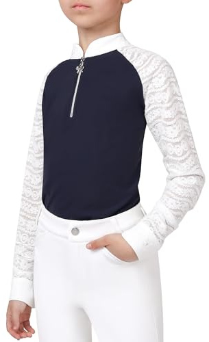 Charmsphere Girls Lace Equestrian Shirt, Long Sleeve Horse Riding Shirt | Quarter Zip Youth Horse Riding Show & Training Top, for Riding Lessons, Schooling Shows, Pony Club Events Navy S