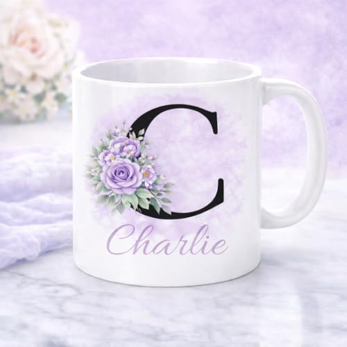 SUBLIX Personalised Floral Initial Mug 11oz – Custom Name Ceramic Coffee & Tea Cup – Microwave & Dishwasher Safe – Gift for Her, Mum, Birthday, Christmas (Purple)