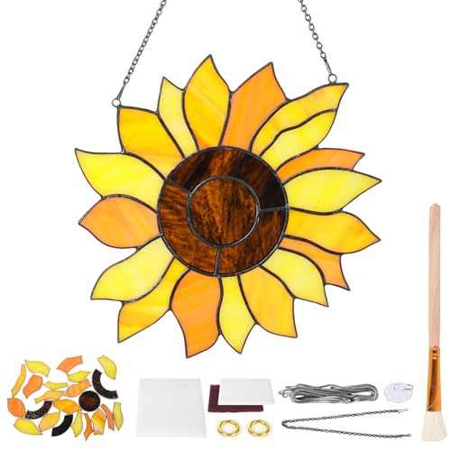 Ayrirel Sunflower Pre Cut Stained Glass Kit 8in×8in DIY Craft for Adult Beginners Orange Sunflower Suncatcher Window Hanging with Chain Suction Cup Hook Wall Art Decor for Teacher Mom Grandma Friend