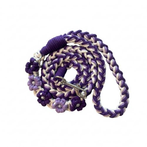 Hand Woven Cotton Dog Lead, Soft Braided Rope Leash with Floral Design, for Small & Medium Dogs, Ideal for Walks, Training & Photo Shoots (Purple, 120cm)