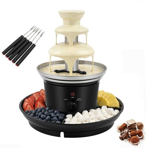 ROGONPDK Fontaine à chocolat 25 W - Fondue au chocolat - Fondue à 3 niveaux avec plateau alimentaire - Fontaine à chocolat en acier inoxydable - Fontaine à chocolat noire - Pour réunions de famille