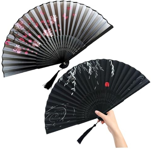 Wedhapy Faltbarer Handfächer 2er-Set 2 Verschiedene Designs chinesischer Fächer aus Seide und Bambus mit Quaste Durchbrochene Schnitzereien ideal für Tanzaufführungen