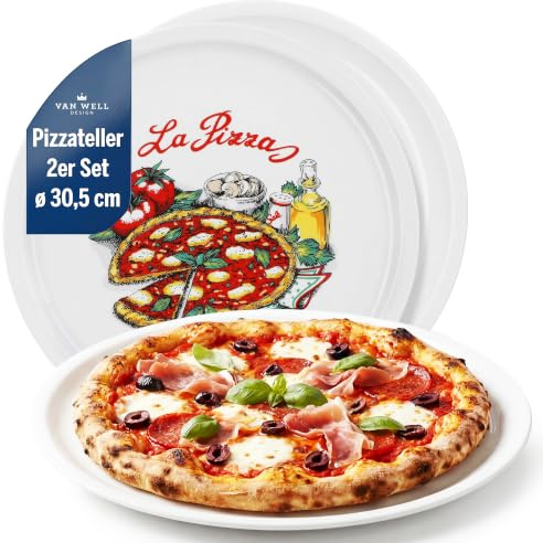 van Well 2-er Set italienische Pizzateller groß ø 30,5cm Napoli – Porzellan XL Teller für Pizza & Pasta – Mikrowellen geeignet, spülmaschinenfest, gut stapelbar – Gastronomie- und zu Hause Geschirr