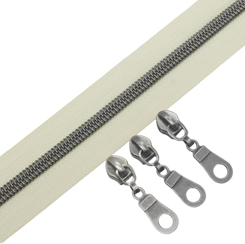 YaHoGa 9 m Altsilber endlos Reißverschluss Meterware 6mm-Spirale (Beige) | endlos Reißverschluss Meterware reissverschluss 6mm-Spirale + 25 Nonlock-Zipper