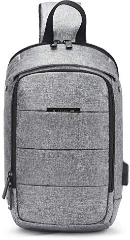 FANDARE Brusttasche Schultertasche Herren Sling Bag Damen Crossover Rucksack mit USB 7.9 inch Tablet Umhängetasche Sporttasche für Wandern,Abenteuer,Sport, Reisen Wasserdicht Polyester Grau