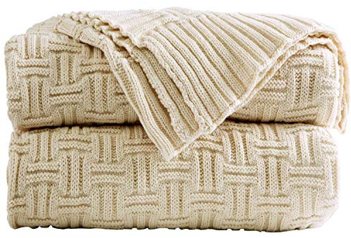 Shaddock Fishing Baumwolle Gestrickte Decke 4 Jahreszeiten Bettdecke- 130x180cm Ultra Weiche überwurf Decke Wohn-Kuscheldecke für Baby Couch Bett Sofa Stuhl Auto Büro (Streifenmuster, Beige)