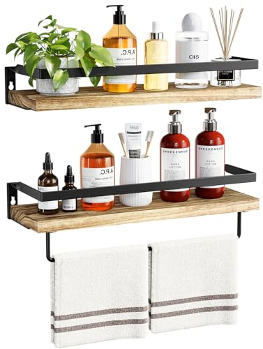 AMADA HOMEFURNISHING Bathroom Shelves with Towel Bar, Floating Shelves, Wall Shelves for Bathroom/Living Room/Kitchen/Bedroom, Light Brown, Set of 2 - AMFS01