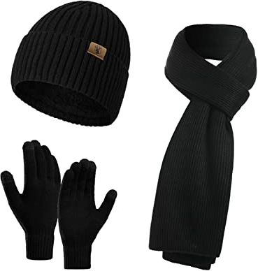 INSISMY Mütze Schal und Touchscreen Handschuhe Set Wintermütze Thermohandschuhe Schal für Herren Strickmütze 3 STÜCKE Unisex Hüte für Damen Winter Accessoires für Herren Damen Schwarz