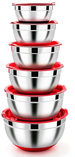 Homikit Rührschüssel, 6 Stück Edelstahl Schüssel Salatschüssel Set mit Luftdichtem Deckel & Silikonboden, Stapelbar, Spülmaschinenfest, 4.6 L / 2.8 L / 2.5 L / 1.6 L / 1.2 L / 0.7 L, Rot