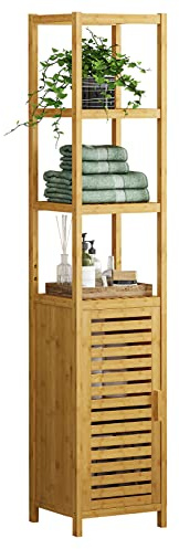 VIAGDO Aufbewahrungsschrank, hoher, schlanker Schrank mit Rollladentür und 3-stöckigen Regalen, freistehender Leinen-Turmschrank für Wohnzimmer, Küche, Badezimmer, Organizer, natürlicher Bambus