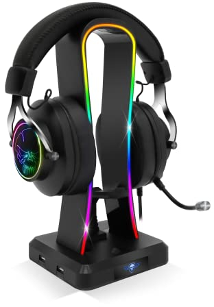 Spirit Of Gamer - Sentinel - Support Casque Gaming RGB - Porte Casque Gamer Multifonction 11 Effets Lumineux - Compatible PC/PS4/Console - 4 Ports USB - Câble USB-C et Guide Câble Souris Inclus
