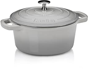 kela asador de hierro fundido redondo 2,5 litros, Dutch Oven CALIDO, asador de hierro fundido de inducción con tapa, olla de hierro fundido para hornear pan, esmaltada, gris claro