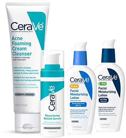 CeraVe Acne Skin Care Set, 5oz Acne Foaming Cream Cleanser + 1oz Resurfacing Retinol Serum + 2oz AM Facial Moisturizing Lotion with SPF 30 + 2oz PM Facial Moisturizing Lotion
