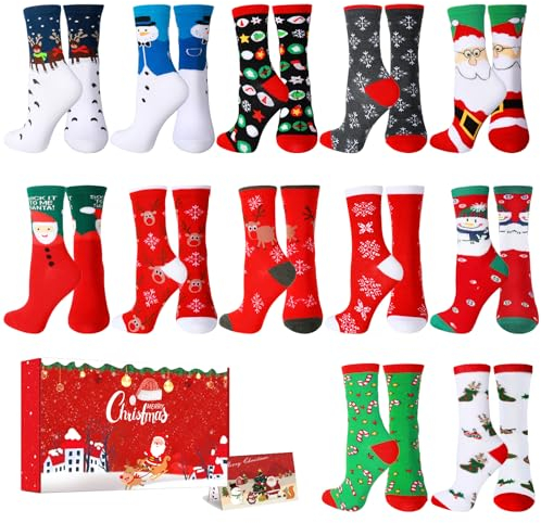DOUUCO 12 paia Calzini di Natale Calzettoni Soffici Divertenti Motivo di Natale Christmas Socks Calze di Cotone Calendario dell'Avvento Calzini da Cetto Caldi Invernali per Donne Bambiniambini Ragazze