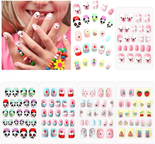 ZOCONE 120 Pezzi Unghie Finte per Bambini, Colorate Unghie Finte Acriliche Pre-incollato Decorazioni per Unghie Finte Bambina Ragazza Manicure Decorazione Nail Art Fai da Te (A)