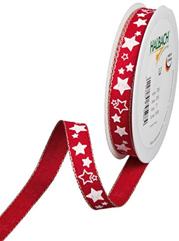 Halbach Druckband mit Sternen, 15 mm x 15 m, rot/weiß | Waschbares Druckband mit Leinenkanten, wasserfest und farbecht, Made in Germany, für Weihnachtsdekoration
