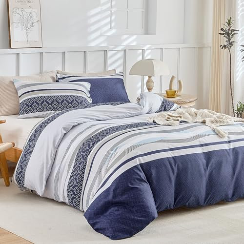 Tokokimo Housse de Couette 220x240 avec 2 Taies d'oreiller 65x65 cm - Design Bohémien - Parure de lit 220x240 Adulte - 100% Microfibre Housse Couette avec Fermetures éclair, Bleu Rayures