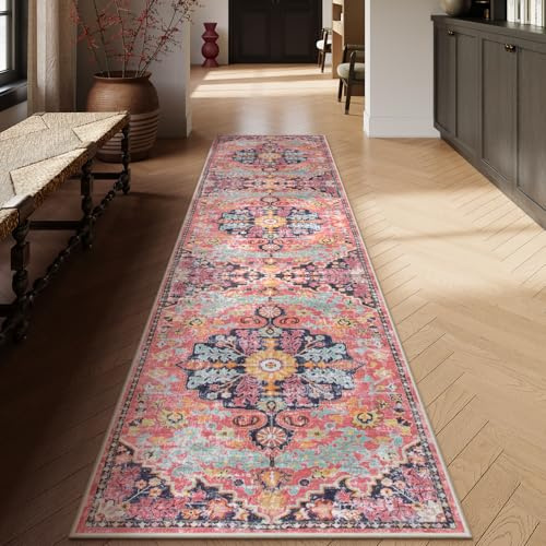 Lahome Boho 2'8x10' Washable Hallway Kitchen Runner Rugs with Rubber Backing, Bohemian Non-Slip Soft Kitchen Runners, Non-Shedding Faux Wool Stair Carpet Runner for Hall Bathroom, Fuchsia/Multi