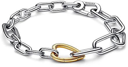 PANDORA ME Pulsera de plata de ley con eslabones y corazón en 2 tonos, chapada en oro de 14 quilates, 2