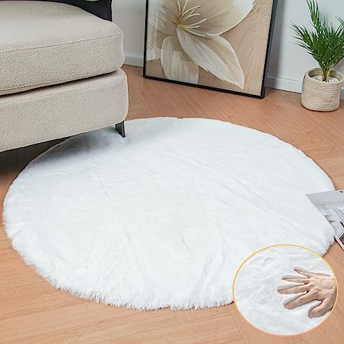 ORINOVA Runder Teppich Flauschig Weiß Fellteppich 120 cm Kunstfell Teppich Schlafzimmer Wohnzimmer Weich Bettvorleger Kinderzimmer Waschbar