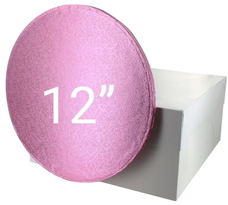 Culpitt 12 Pink Cake Board & White Cake Box Combo, Round Cake Drum With Matching Box, 0.5'' (13mm) Thick, Square Cake Transport, 12 Inch, Single Pack