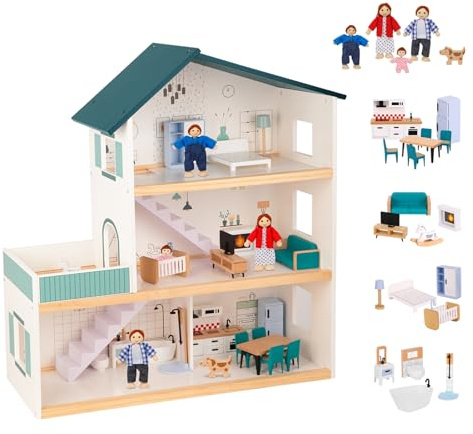 OOOK Wooden Dollhouse for Kids, Doll House with Simulated Luxury Furniture Set, Dollhouse Playset for Girls Toddlers (Including 4 Family Dolls and a Dog)
